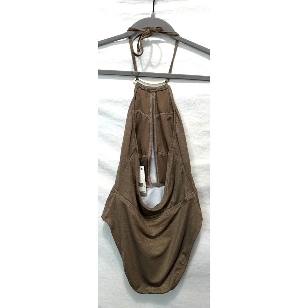Kenneth Cole Medium Brown & Gold Shimmer Tummy Toner 1 Piece Halter Bathing Suit